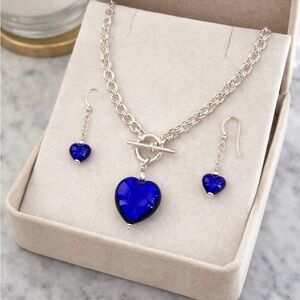Sterling Silver Blue Venetian Murano Glass Heart Necklace & Earrings Set 16”